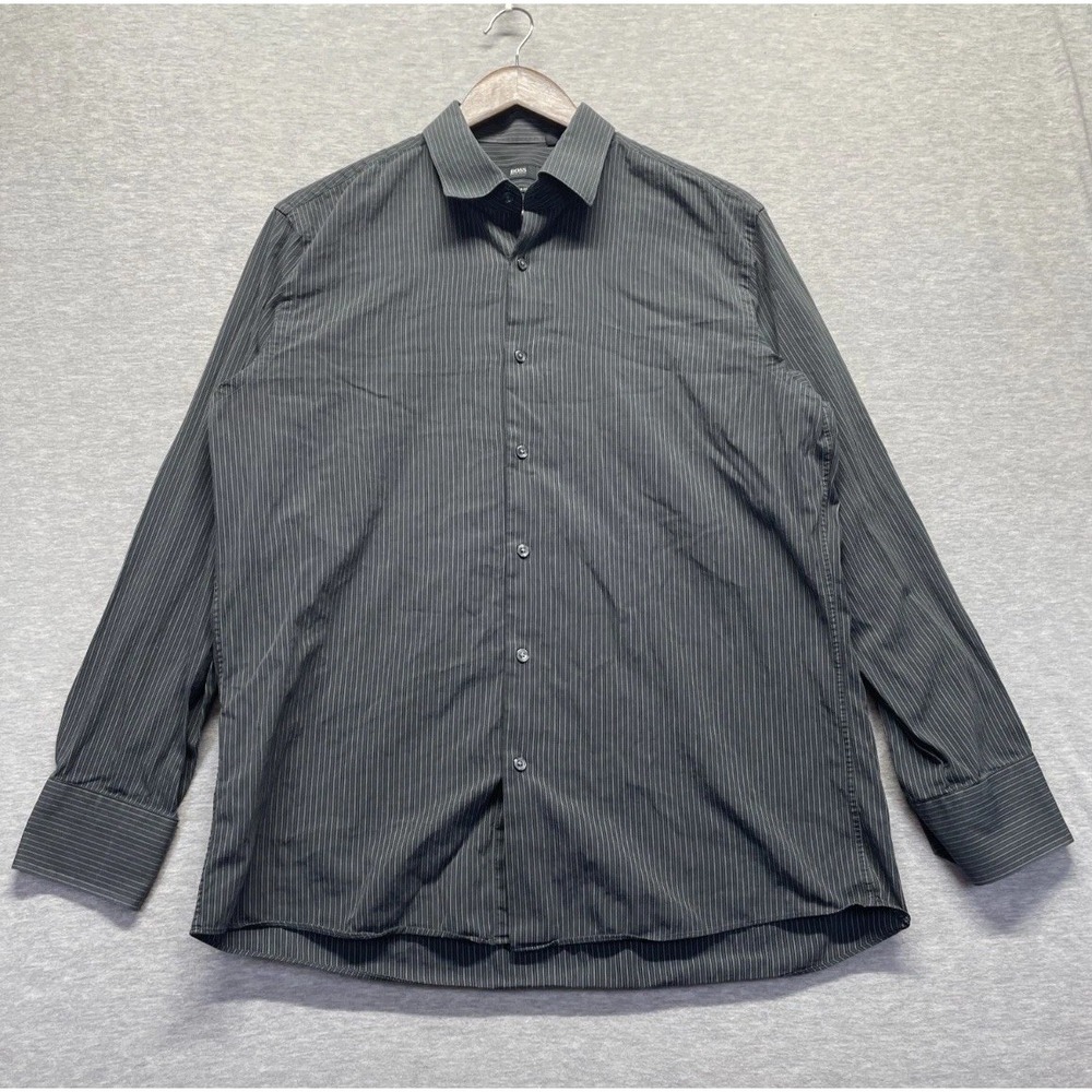 HUGO BOSS Dress Shirt Mens 16.5 32/33 Dark Gray Micro Striped Regular Fit Formal